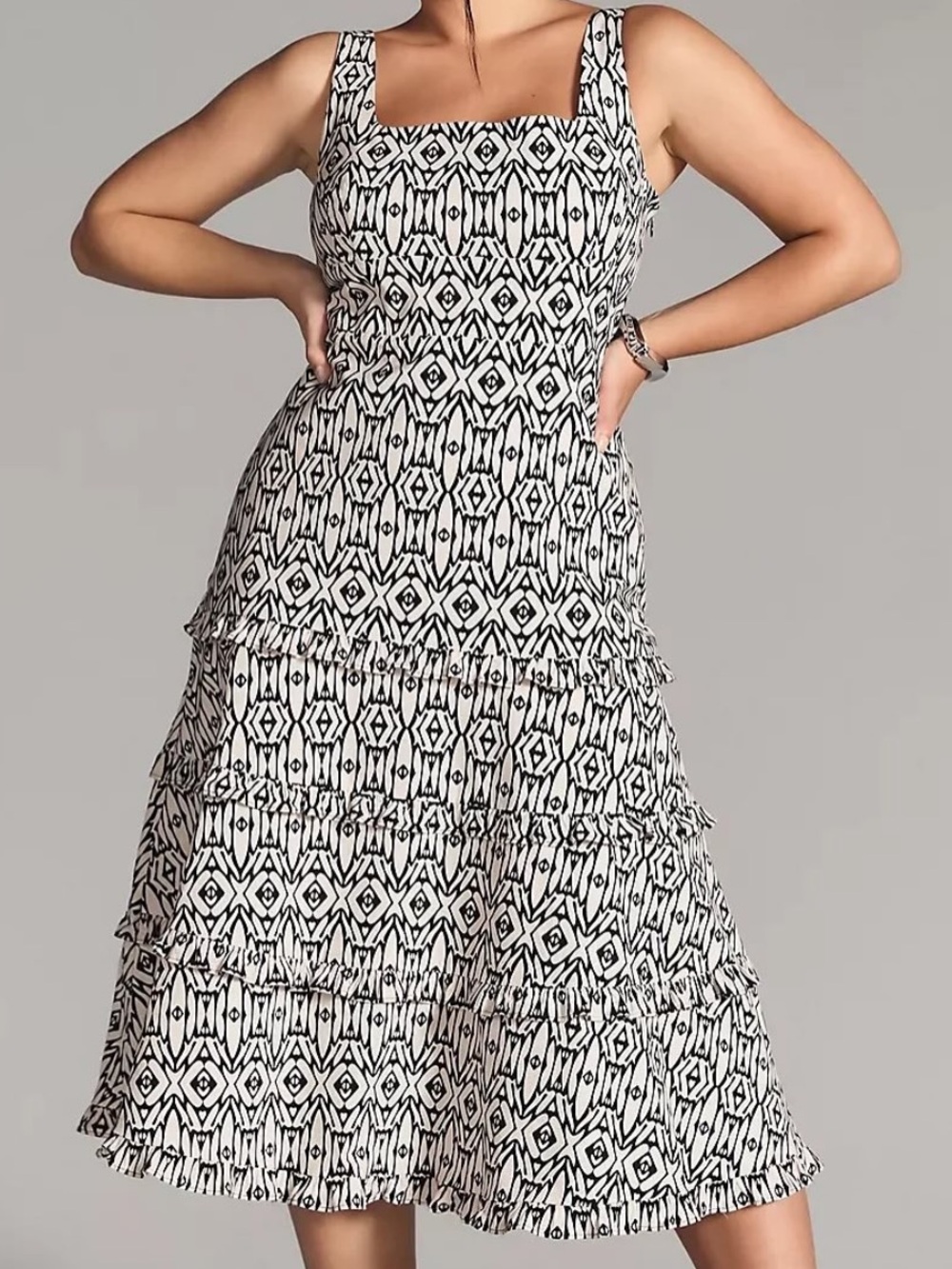 Anthropologie Black & White Geometric Tiered Midi Dress
